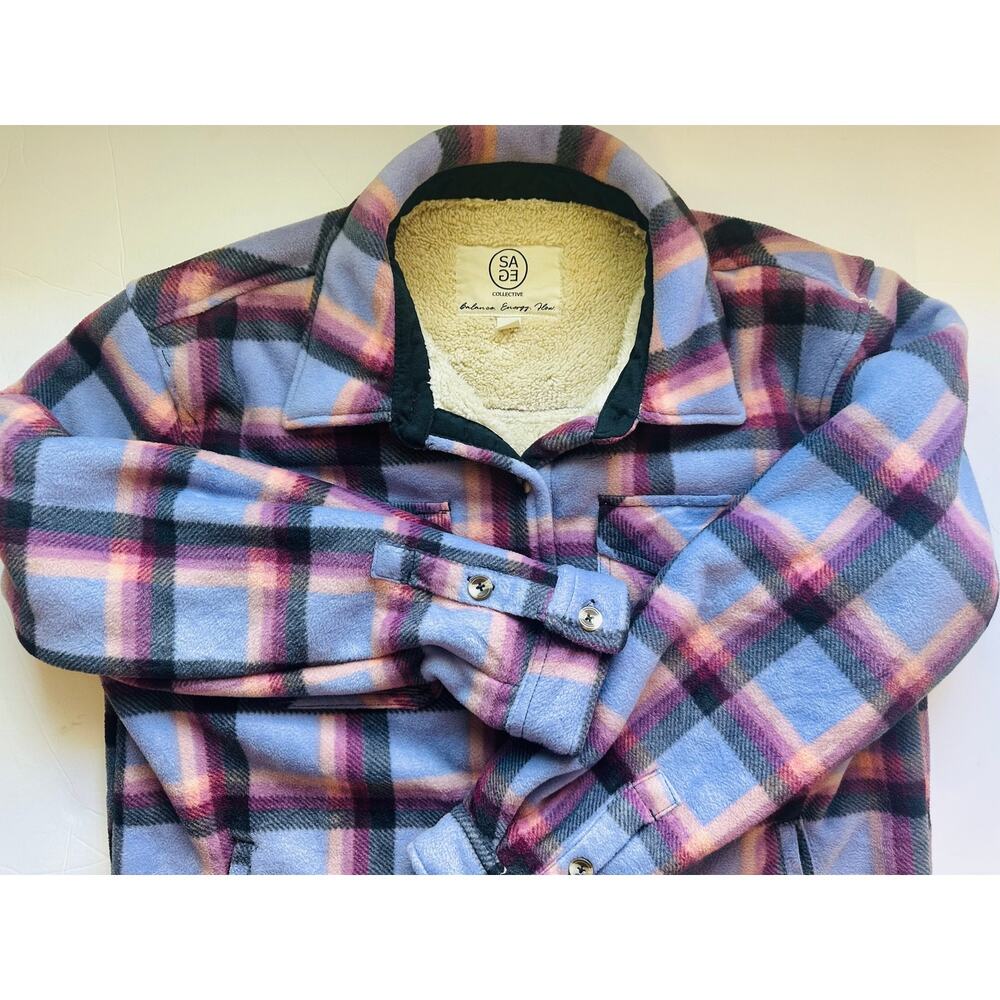 Sage Collective Purple Plaid Sherpa Lined Fleece Shacket - Size M